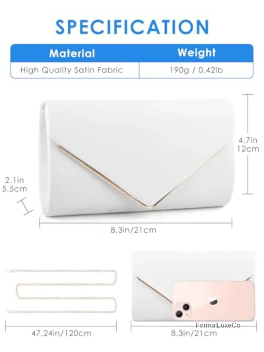 PU Leather Envelope Clutch Evening Bag with Removable Chain Shoulder Strap